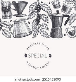 Alternative Coffee Makers Illustration. Vector Hand Drawn Specialty Coffee Equipment Banner. Vintage Style Coffee Bar Design 