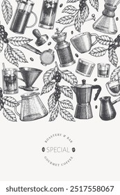 Alternative Coffee Makers Illustration. Vector Hand Drawn Specialty Coffee Equipment Banner. Vintage Style Coffee Bar Design 