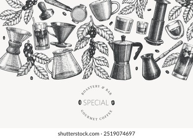 Alternative Coffee Makers Illustration. Vector Hand Drawn Specialty Coffee Equipment Banner. Vintage Style Coffee Bar Design 