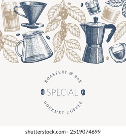 Alternative Coffee Makers Illustration. Vector Hand Drawn Specialty Coffee Equipment Banner. Vintage Style Coffee Bar Design 