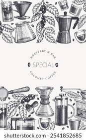 Alternative Coffee Makers Illustration. Vector Hand Drawn Specialty Coffee Equipment Banner. Vintage Style Coffee Bar Design 