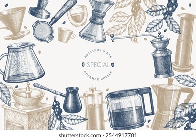 Alternative Coffee Makers Illustration. Vector Hand Drawn Specialty Coffee Equipment Banner. Vintage Style Coffee Bar Design 