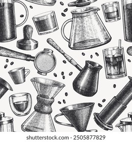 Alternative Coffee Makers Seamless Pattern. Vector Hand Drawn Specialty Coffee Equipment Background. Vintage Style Coffee Bar Design 