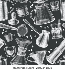 Alternative Coffee Makers Seamless Pattern. Vector Hand Drawn Specialty Coffee Equipment Background. Vintage Style Coffee Bar Chalk Board Illustration  