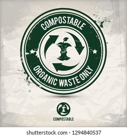alternative compostable waste stamp containing: two environmentally sound eco motifs in circle frames, grunge ink rubber stamp effect, textured paper background, eps10 vector illustration