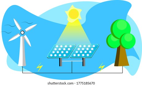 Alternative concepts of environmentally friendly energy with wind turbines and solar energy. Sustainable resources. Vector illustration of a futuristic frame design.