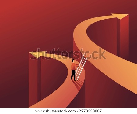 Alternative decision choice or another way concept. Person with stairs on road fork with different directions
