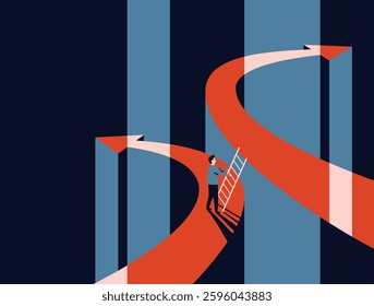 Alternative decision choice concept. Person jumping to arrow with another direction, in vintage colors