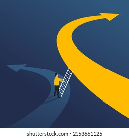 Alternative decision choice conceptual illustration. Person with stairs on road fork with different directions
