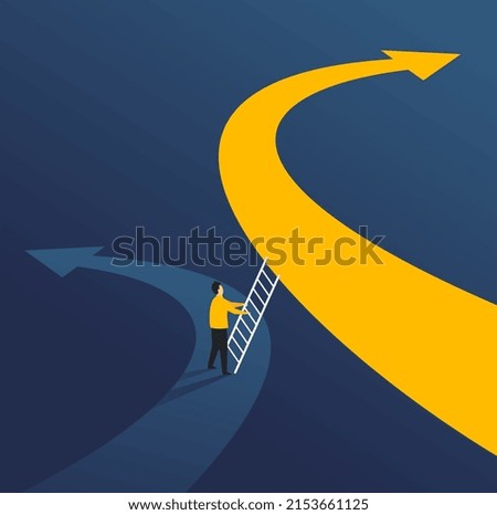 Alternative decision choice conceptual illustration. Person with stairs on road fork with different directions