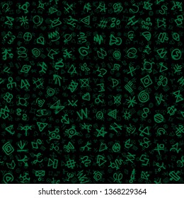 Alternative of digital green glyphs and mystic ancient symbols. Quantum computers and viruses, hacker and crypto, cyberpunk, alien programming concept. Mystic or hight-tech vector seamless background.