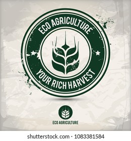 alternative eco agriculture stamp containing: two variations of environmentally sound eco motifs, grunge ink rubber stamp effect, textured watercolor carton paper background, eps10 vector illustration