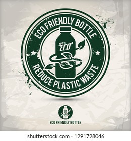 alternative eco bottle stamp containing: two environmentally sound eco motifs in circle frames, grunge ink rubber stamp effect, textured paper background, eps10 vector illustration
