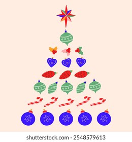 Alternative eco Christmas tree made with retro toys, holly berries, candy canes. Plastic free winter holidays. Hand drawn vector illustration EPS10