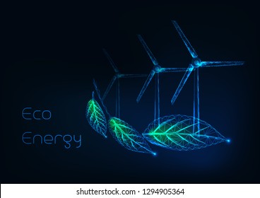 Alternative eco energy concept with glowing low polygonal leaves and wind turbines farm on dark blue background. Sustainable power resources. Futuristic wireframe design vector illustration.