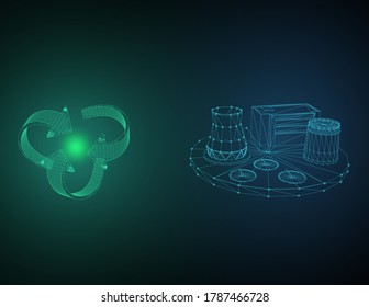 Alternative eco energy concept with glowing low polygonal Alternative eco energy concept.  Glowing low polygonal Nuclear Power Plant on dark blue background and recycle symbol. Sustainable power resources. 