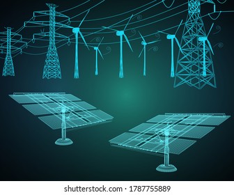 Alternative eco energy concept with glowing low polygonal Alternative eco energy concept with glowing low polygonal wind turbines farm on dark blue background. Sustainable power resources. 