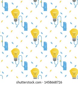 Alternative Eco Energy Saving Seamless Pattern Design. Repeated Light Bulb Connected to Power Station and Electrical Discharge Sign. Environment Protection. Vector Flat Cartoon Endless Illustration