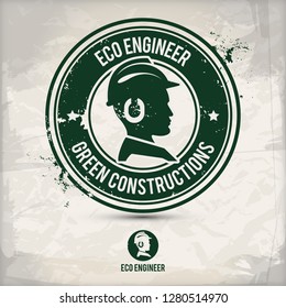 alternative eco engineer stamp containing: two environmentally sound eco motifs in circle frames, grunge ink rubber stamp effect, textured paper background, eps10 vector illustration