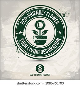 alternative eco flowering stamp containing: two environmentally sound eco motifs in circle frames, grunge ink rubber stamp effect, textured carton paper background, eps10 vector illustration