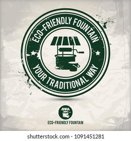 alternative eco fountain stamp containing: two environmentally sound eco motifs in circle frames, grunge ink rubber stamp effect, textured carton paper background, eps10 vector illustration