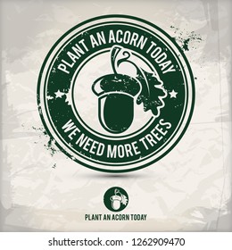 alternative eco friendly acorn stamp containing: two environmentally sound eco motifs in circle frames, grunge ink rubber stamp effect, textured paper background, eps10 vector illustration