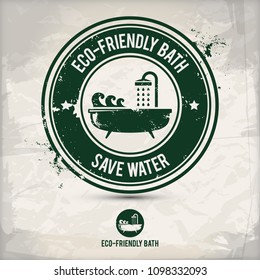 alternative eco friendly bath stamp containing: two environmentally sound eco motifs in circle frames, grunge ink rubber stamp effect, textured carton paper background, eps10 vector illustration