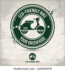 alternative eco friendly bike stamp containing: two environmentally sound eco motifs in circle frames, grunge ink rubber stamp effect, textured carton paper background, eps10 vector illustration