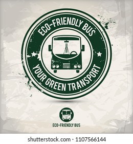 alternative eco friendly bus stamp containing: two environmentally sound eco motifs in circle frames, grunge ink rubber stamp effect, textured carton paper background, eps10 vector illustration