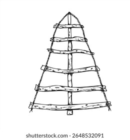 Alternative eco friendly Christmas tree made from wooden sticks and rope black and white vector illustration. Etching drawing of wood sail for sustainable holiday, nautical themed decor, festive