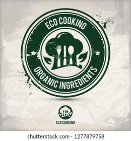 alternative eco friendly cooking stamp containing: two environmentally sound eco motifs in circle frames, grunge ink rubber stamp effect, textured paper background, eps10 vector illustration