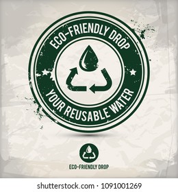 alternative eco friendly drop stamp containing: two environmentally sound eco motifs in circle frames, grunge ink rubber stamp effect, textured carton paper background, eps10 vector illustration
