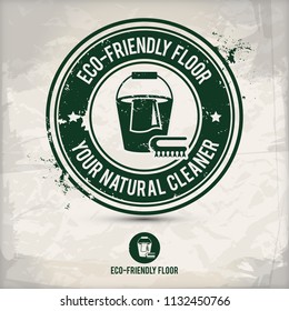 alternative eco friendly floor stamp containing: two environmentally sound eco motifs in circle frames, grunge ink rubber stamp effect, textured paper background, eps10 vector illustration