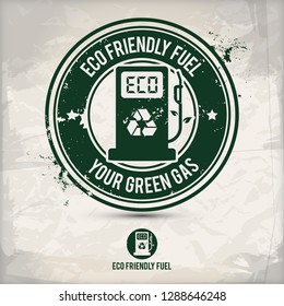 alternative eco friendly fuel stamp containing: two environmentally sound eco motifs in circle frames, grunge ink rubber stamp effect, textured paper background, eps10 vector illustration