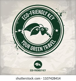 alternative eco friendly key stamp containing: two environmentally sound eco motifs in circle frames, grunge ink rubber stamp effect, textured carton paper background, eps10 vector illustration
