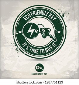 alternative eco friendly key stamp containing: two environmentally sound eco motifs in circle frames, grunge ink rubber stamp effect, textured paper background, eps10 vector illustration