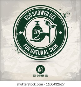 alternative eco friendly shower gel stamp containing: two environmentally sound eco motifs in circle frames, grunge ink rubber stamp effect, textured carton paper background, eps10 vector illustration