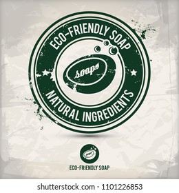 alternative eco friendly soap stamp containing: two environmentally sound eco motifs in circle frames, grunge ink rubber stamp effect, textured carton paper background, eps10 vector illustration