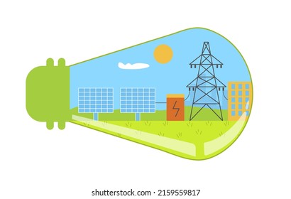 Alternative Eco Friendly Solar Energy And  Panels. Green Electricity Tariff. Concept Illustration For Renewable Power Resources. Solar Farm On Lamp Shaped Background. Vector Illustration.