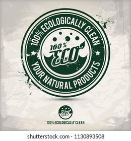 alternative eco friendly stamp containing: two environmentally sound eco motifs in circle frames, grunge ink rubber stamp effect, textured paper background, eps10 vector illustration