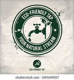 alternative eco friendly tap stamp containing: two environmentally sound eco motifs in circle frames, grunge ink rubber stamp effect, textured carton paper background, eps10 vector illustration