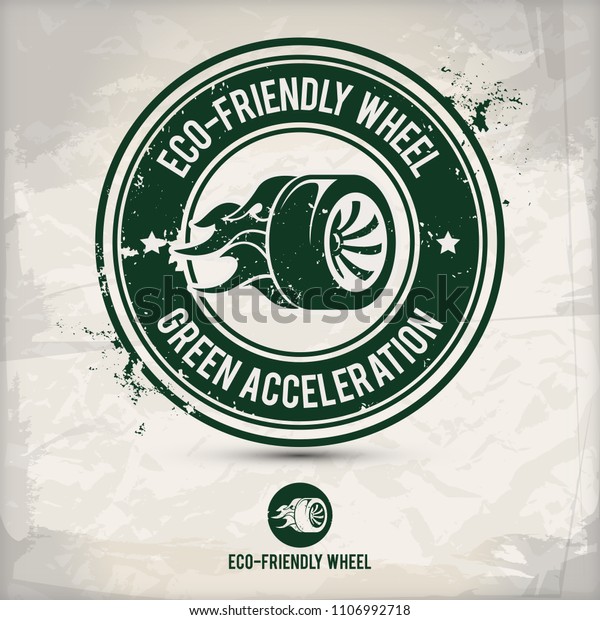 alternative eco friendly tire and wheel\
repairing stamp containing: two eco car service motifs in circle\
frames, grunge ink rubber stamp effect, carton paper background,\
eps10 vector\
illustration