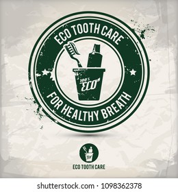 alternative eco friendly tooth care stamp containing: two environmentally sound eco motifs in circle frames, grunge ink rubber stamp effect, textured carton paper background, eps10 vector illustration
