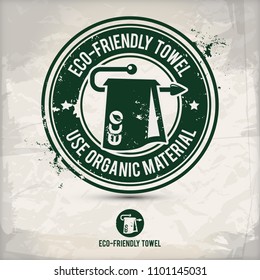 alternative eco friendly towel stamp containing: two environmentally sound eco motifs in circle frames, grunge ink rubber stamp effect, textured carton paper background, eps10 vector illustration