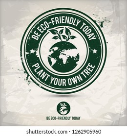 Sello de árbol ecológico alternativo que contenga: dos motivos ecológicos ecológicos en marcos de círculo, efecto de sello de goma de tinta gruesa, fondo de papel texturado, ilustración de eps10 vectoriales