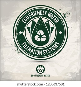 alternative eco friendly water stamp containing: two environmentally sound eco motifs in circle frames, grunge ink rubber stamp effect, textured paper background, eps10 vector illustration