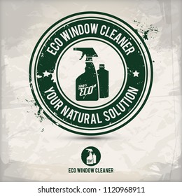 alternative eco friendly window cleaner stamp containing: two environmentally sound eco motifs in circle frames, grunge ink rubber stamp effect, textured paper background, eps10 vector illustration