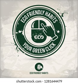 alternative eco habits stamp containing: two environmentally sound eco motifs in circle frames, grunge ink rubber stamp effect, textured paper background, eps10 vector illustration