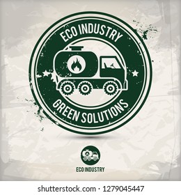 alternative eco industry stamp containing: two environmentally sound eco motifs in circle frames, grunge ink rubber stamp effect, textured paper background, eps10 vector illustration