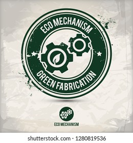 alternative eco mechanism stamp containing: two environmentally sound eco motifs in circle frames, grunge ink rubber stamp effect, textured paper background, eps10 vector illustration